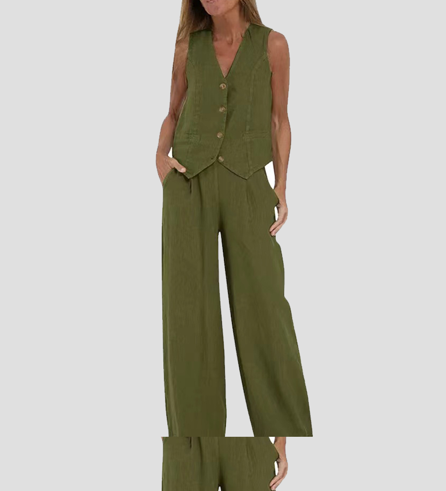 Aira - Buttoned Waistcoat & Wide Leg Trousers