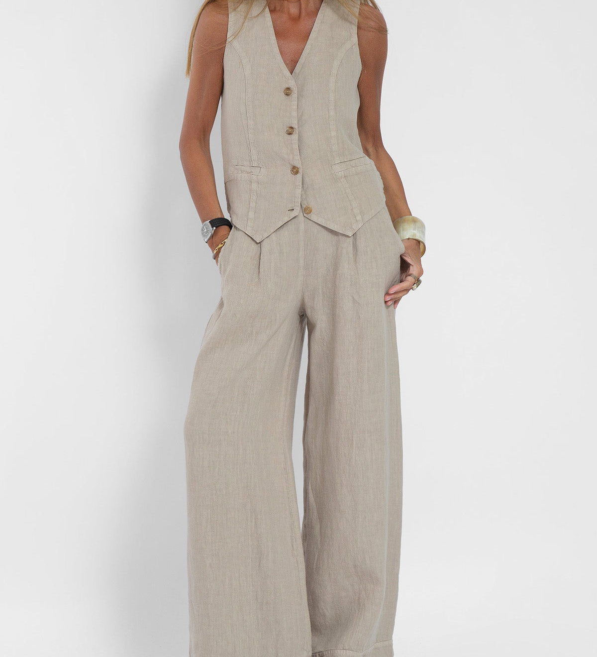 Aira - Buttoned Waistcoat & Wide Leg Trousers