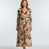 Elise | Floral Midi Dress with Long V Sleeves