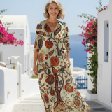 Elise | Floral Midi Dress with Long V Sleeves