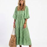 Céline | Midi dress with pattern, three-quarter sleeves and V-neck