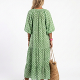 Céline | Midi dress with pattern, three-quarter sleeves and V-neck