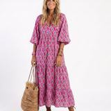 Céline | Midi dress with pattern, three-quarter sleeves and V-neck