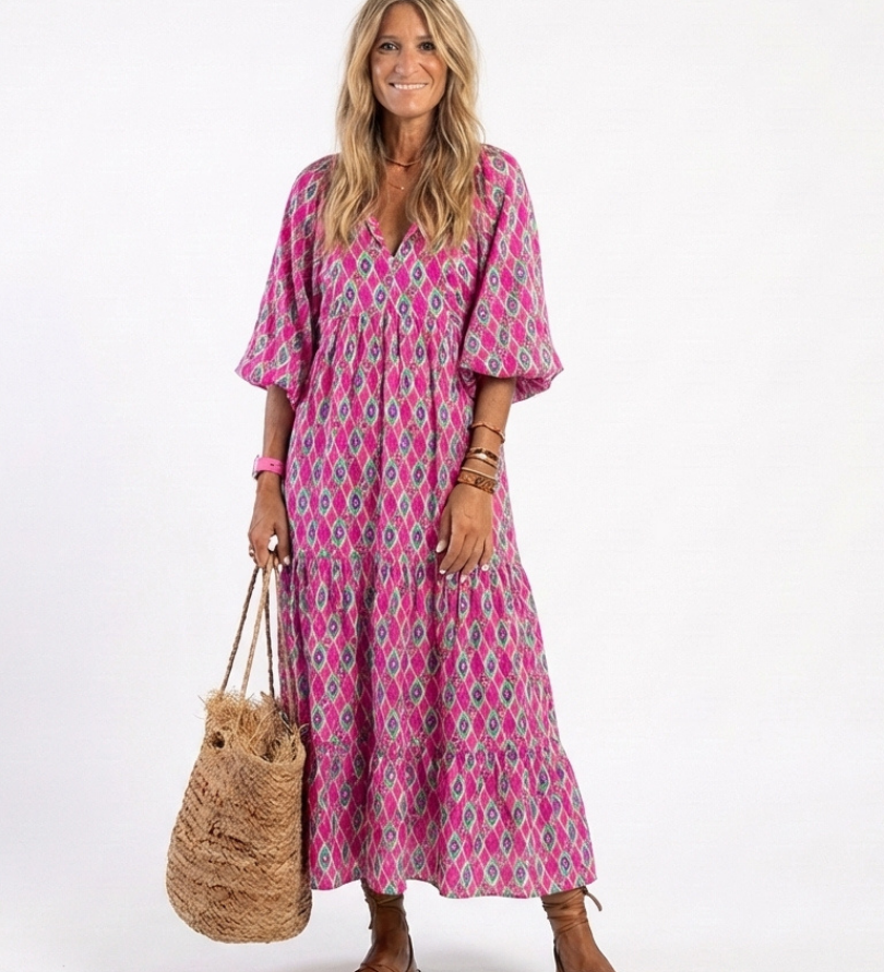 Céline | Midi dress with pattern, three-quarter sleeves and V-neck