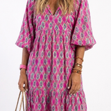 Céline | Midi dress with pattern, three-quarter sleeves and V-neck
