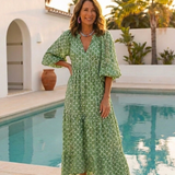 Céline | Midi dress with pattern, three-quarter sleeves and V-neck