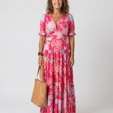 Juliette | Midi dress with flowers, short sleeves and V-neck