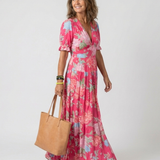 Juliette | Midi dress with flowers, short sleeves and V-neck
