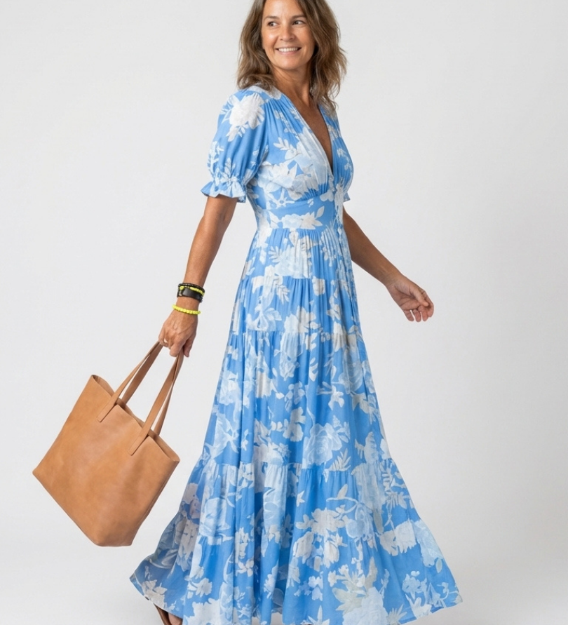 Juliette | Midi dress with flowers, short sleeves and V-neck