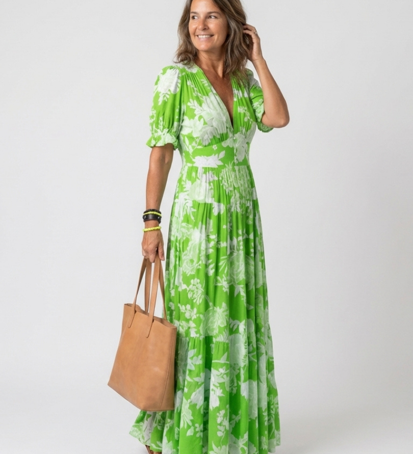 Juliette | Midi dress with flowers, short sleeves and V-neck