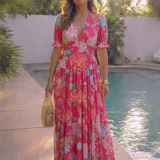 Juliette | Midi dress with flowers, short sleeves and V-neck