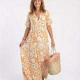 Lucie | Midi dress with flowers, short sleeves and V-neck