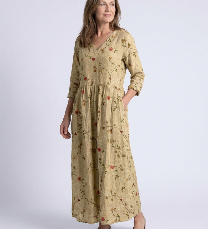 Valérie | Floral maxi dress with V-neck and three-quarter sleeves