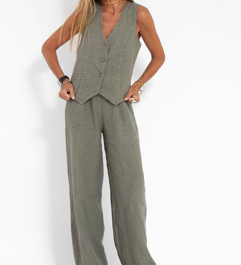 Aira - Buttoned Waistcoat & Wide Leg Trousers