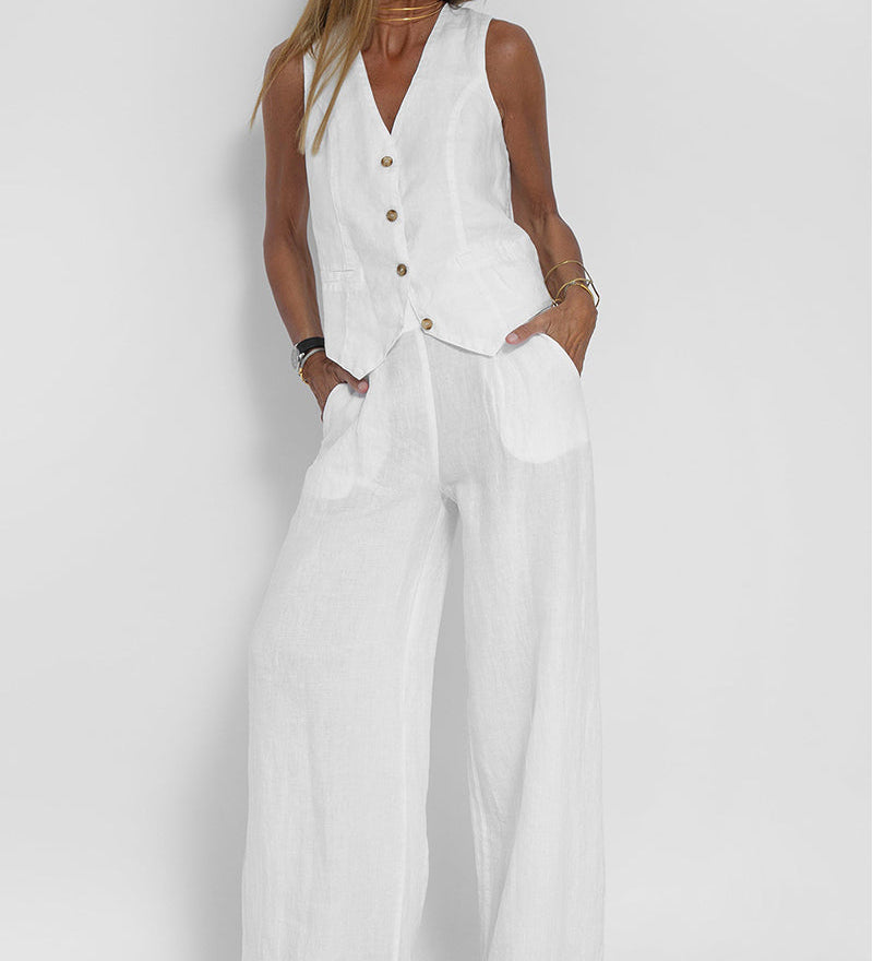 Aira - Buttoned Waistcoat & Wide Leg Trousers