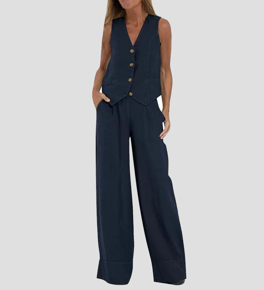 Aira - Buttoned Waistcoat & Wide Leg Trousers