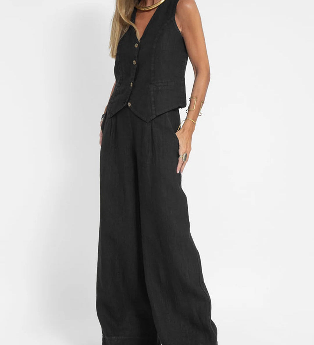 Aira - Buttoned Waistcoat & Wide Leg Trousers