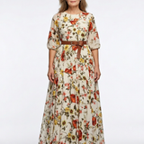 Isabelle | Maxi dress with belt, round neckline and three-quarter sleeves