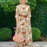 Isabelle | Maxi dress with belt, round neckline and three-quarter sleeves