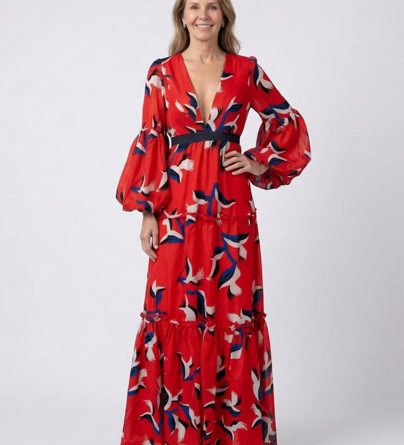 Léa | Maxi dress with long sleeves and tied waist