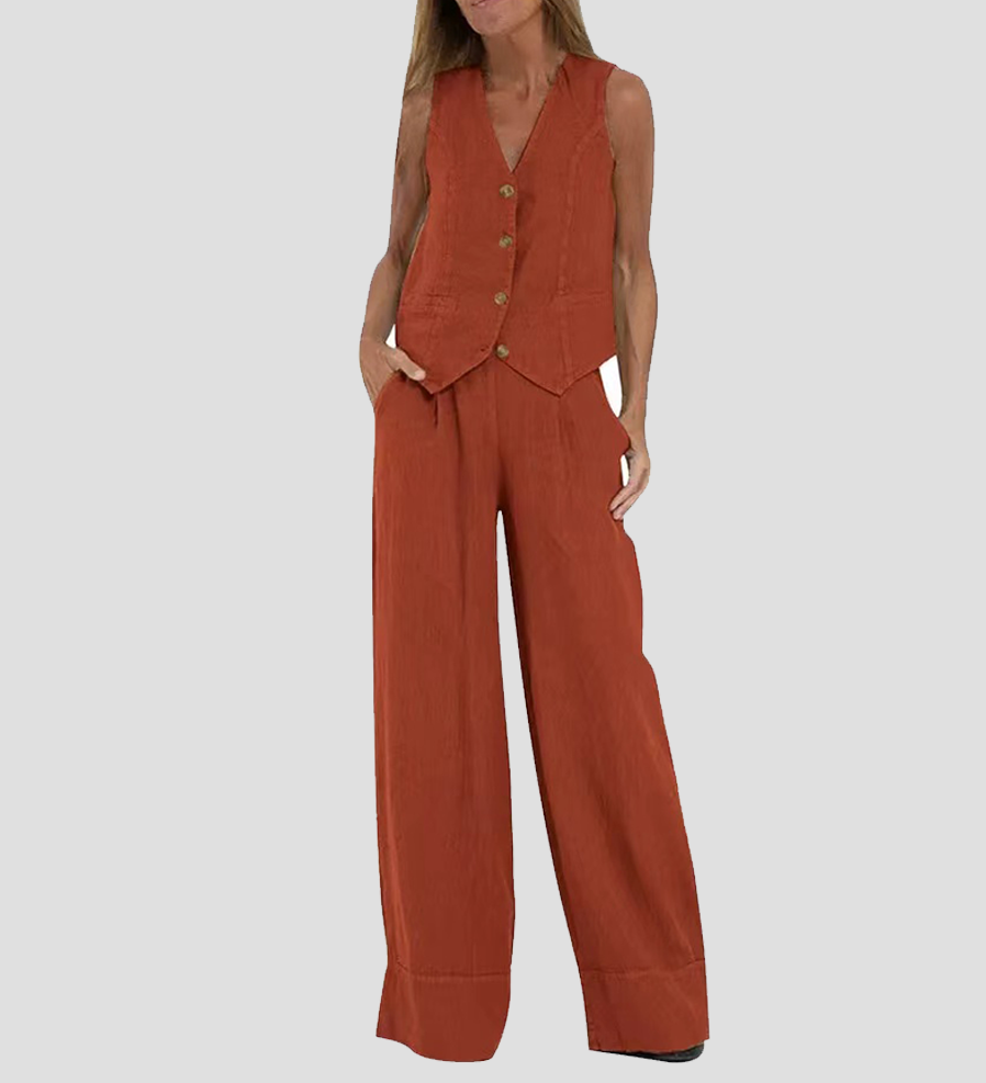 Aira - Buttoned Waistcoat & Wide Leg Trousers