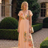 Hélène | Maxi dress with pleated flowers and V-neck