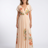 Hélène | Maxi dress with pleated flowers and V-neck