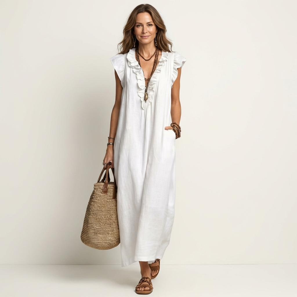 Josette | Maxi Dress in Linen with V Lace