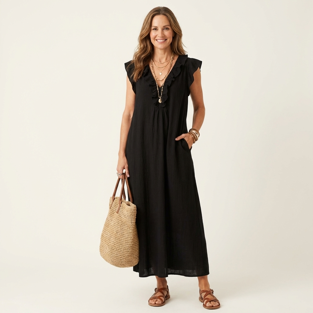 Josette | Maxi Dress in Linen with V Lace