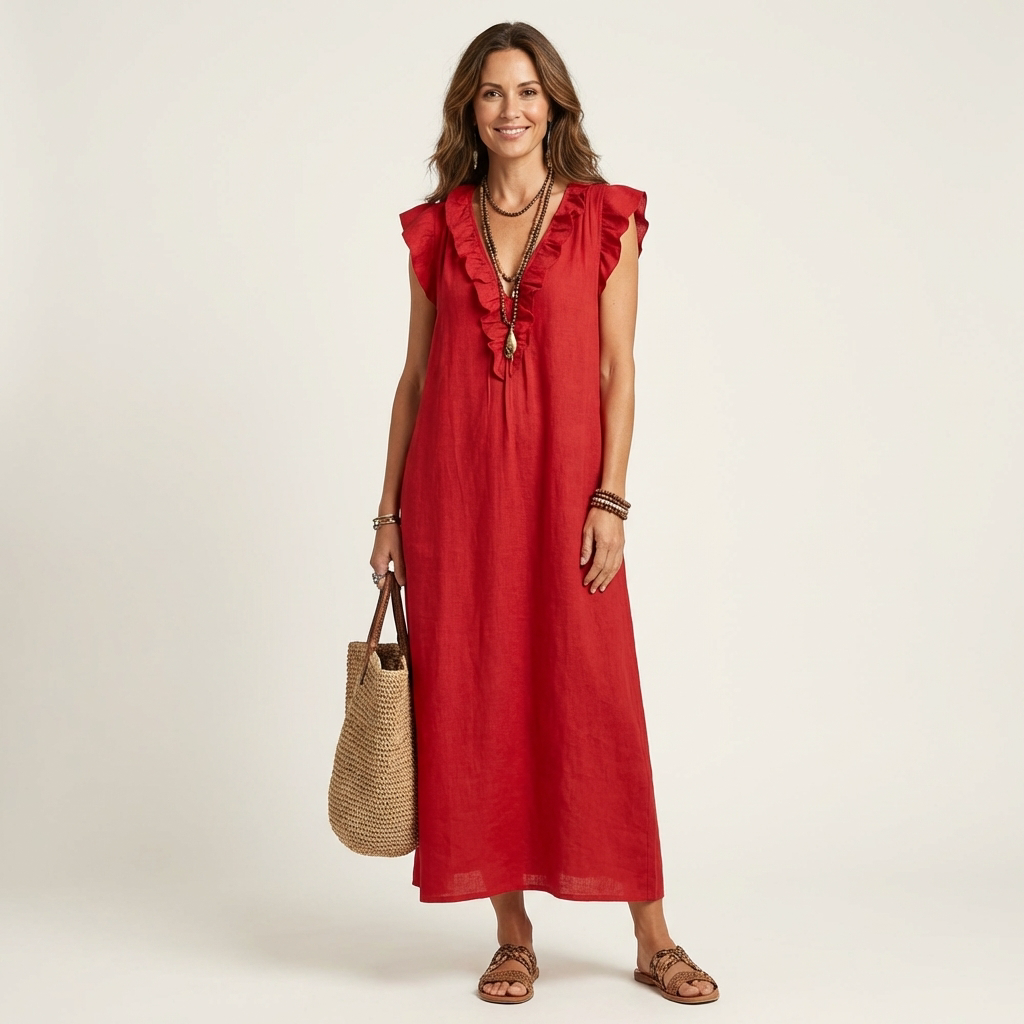 Josette | Maxi Dress in Linen with V Lace