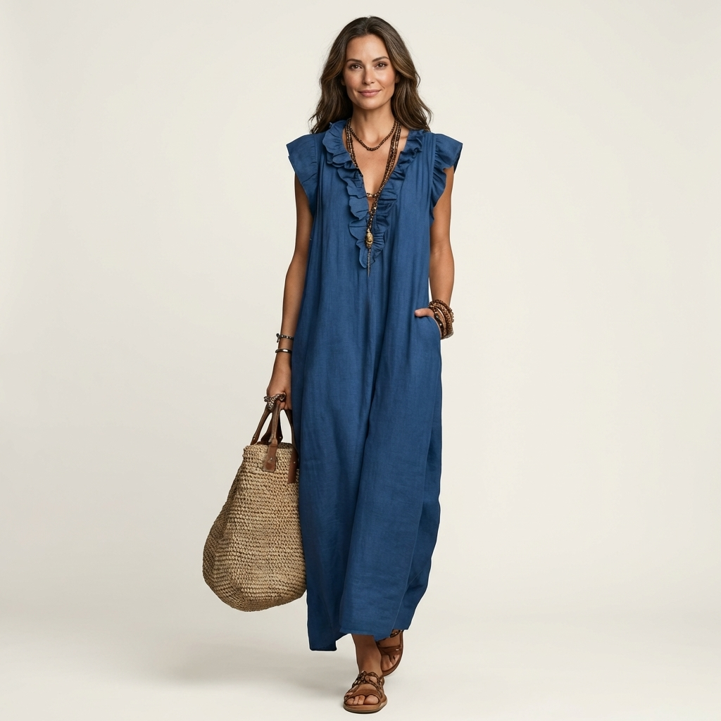 Josette | Maxi Dress in Linen with V Lace
