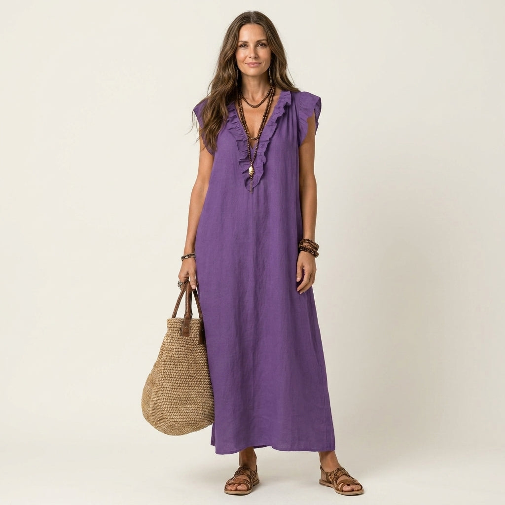 Josette | Maxi Dress in Linen with V Lace